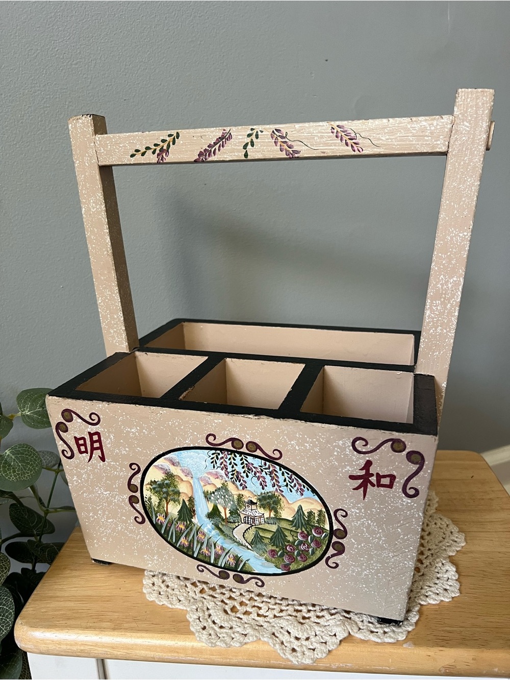 Vintage Wooden Caddy Hand-Painted with Floral Landscape Design Chinese Symbols